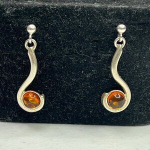 Amber & Sterling Silver Drop Earrings With Swirl Design For Women